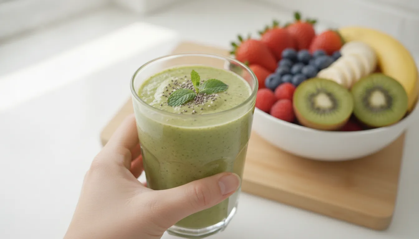 Mão segurando smoothie verde, com frutas frescas ao fundo, representando alimentação saudável para saúde mental.