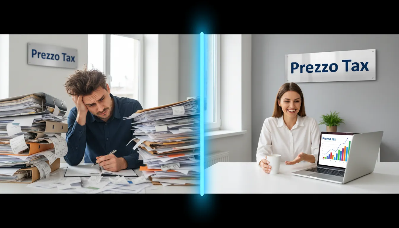 Split-screen showcasing the before-and-after of using professional bookkeeping for real estate investors, highlighting stress relief and efficiency.