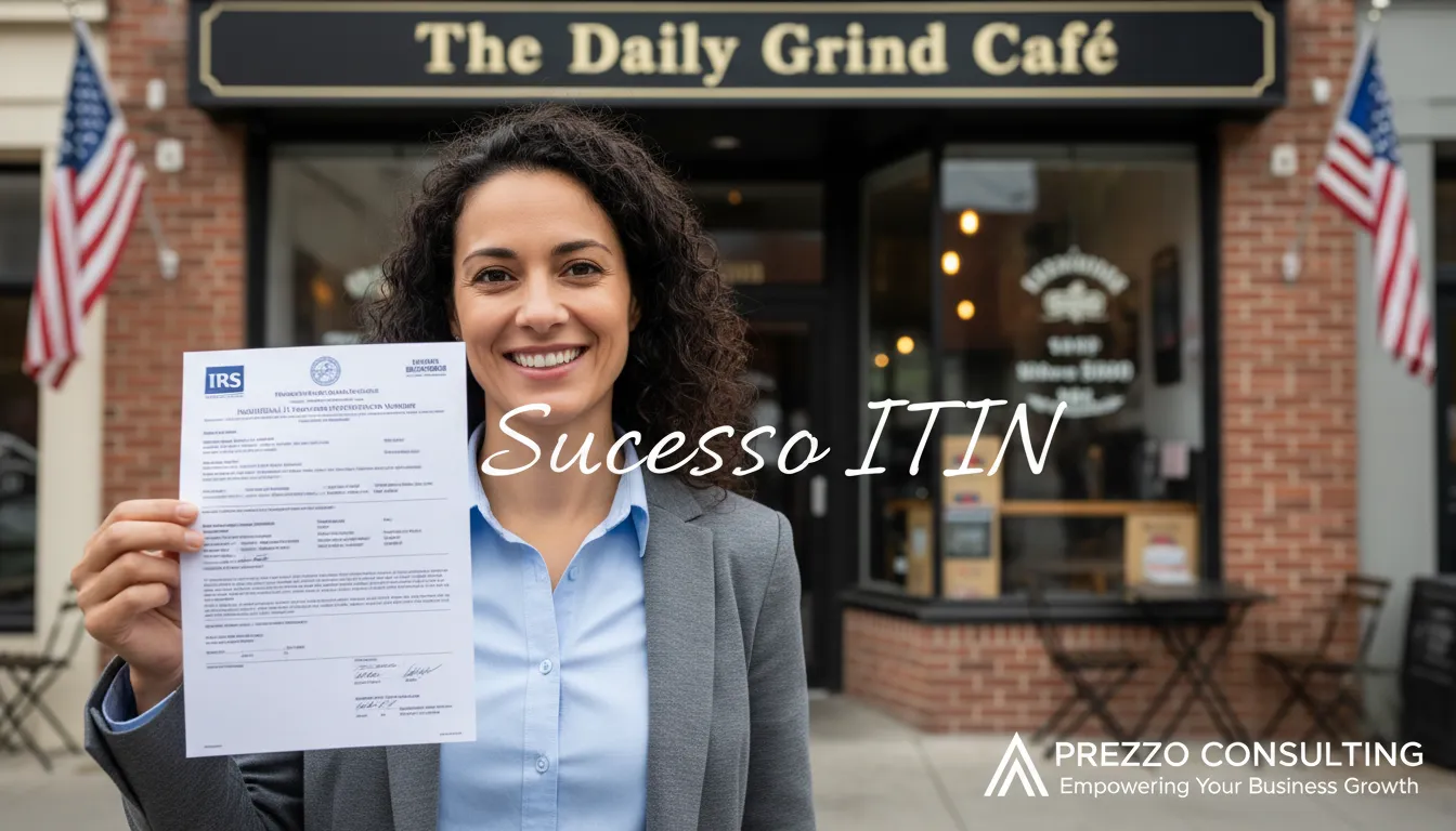Empreendedor sorrindo segurando um documento ITIN, mostrando sucesso na aplicação. Veja como obter itin number e alavanque seu negócio com a Prezzo Consulting.