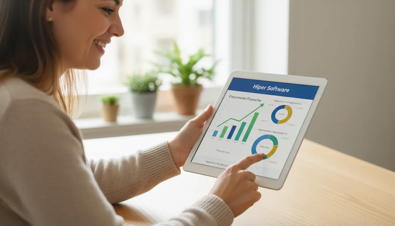 Empresário sorrindo ao usar um tablet para gerenciar pagamentos via pix para empresas e dados financeiros com Hiper Software.