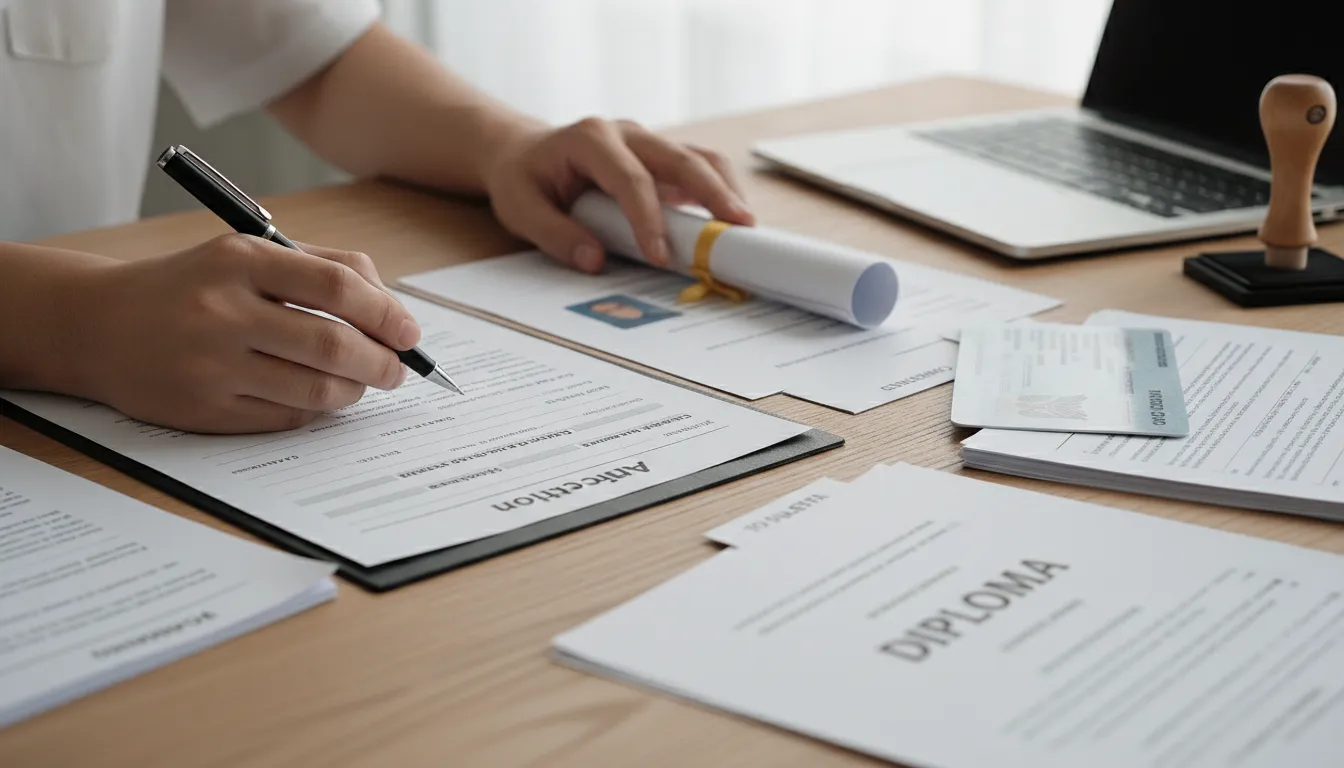 Mãos organizando documentos e formulários de registro profissional em mesa clara e organizada.