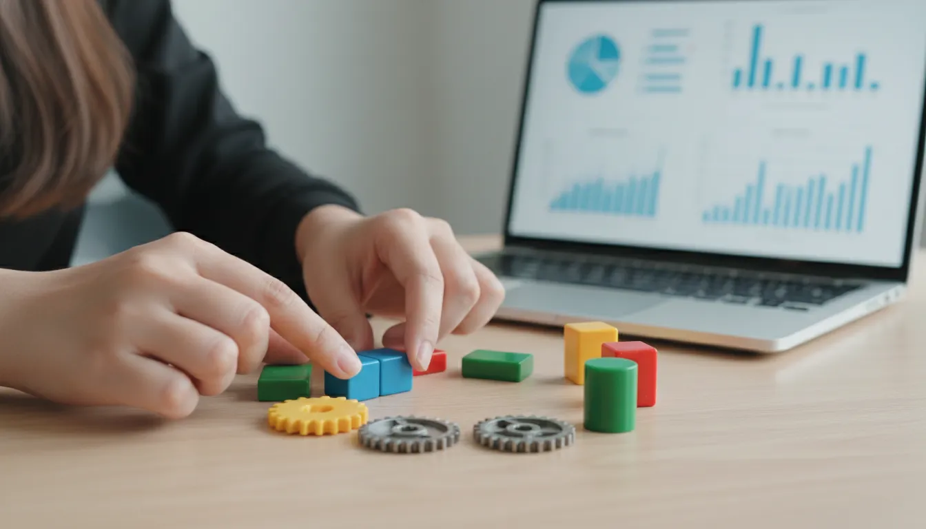 Mãos montam blocos estratégicos de marketing digital, simbolizando otimização de tráfego pago e ROI.