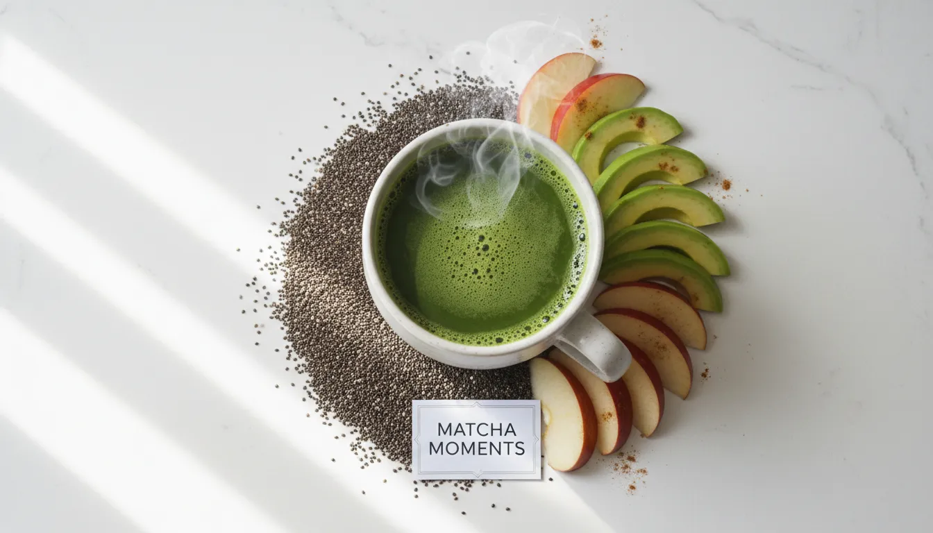 Xícara de chá verde com chia, fatias de abacate e maçã em superfície branca iluminada naturalmente.