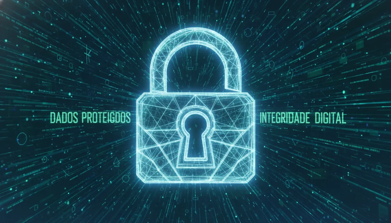 Um cadeado digital sobre um fluxo de dados, simbolizando a segurança da informação e a proteção de dados.