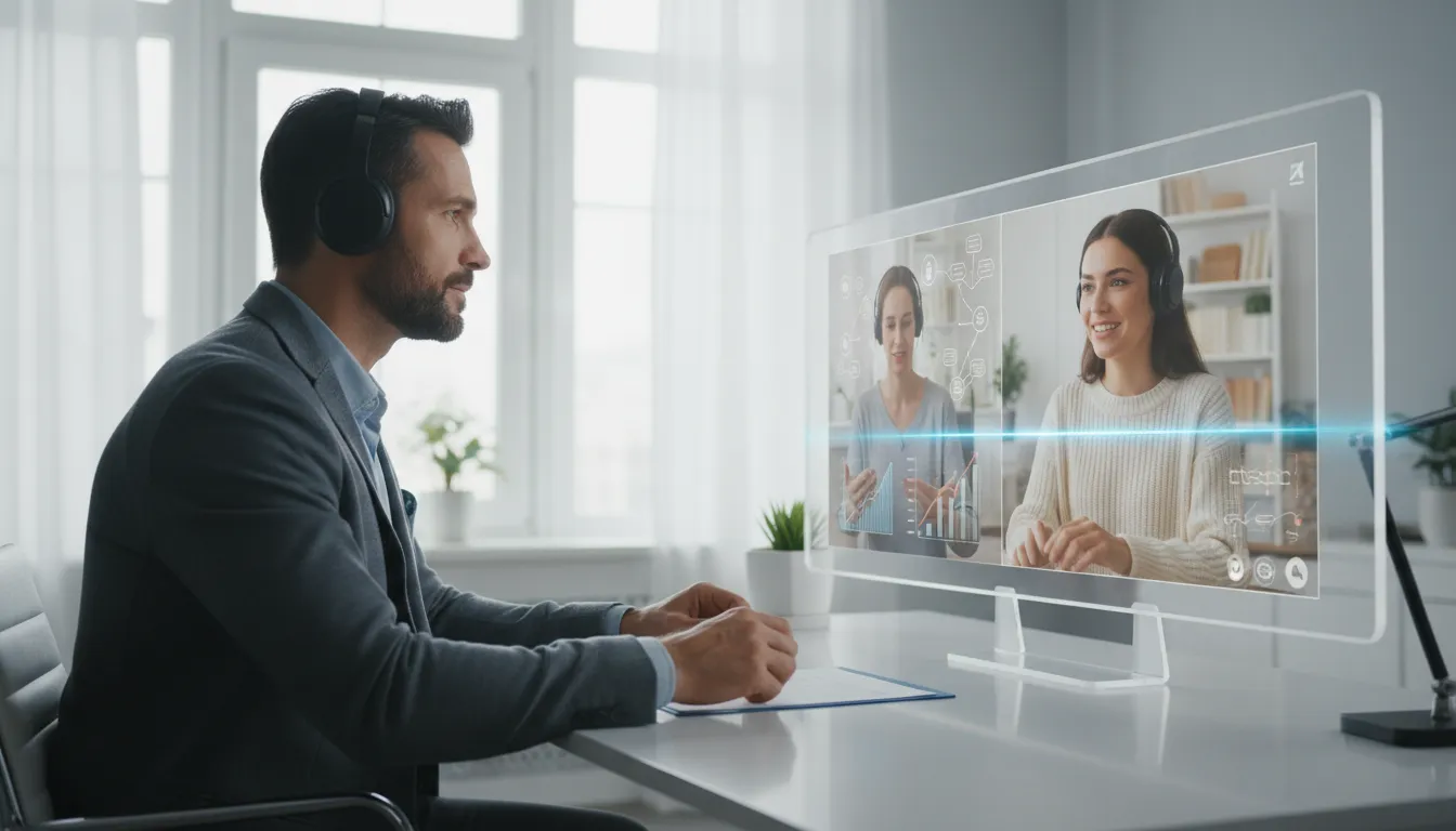 Coach e cliente conectados em atendimento online, transmitindo confiança e interação profissional