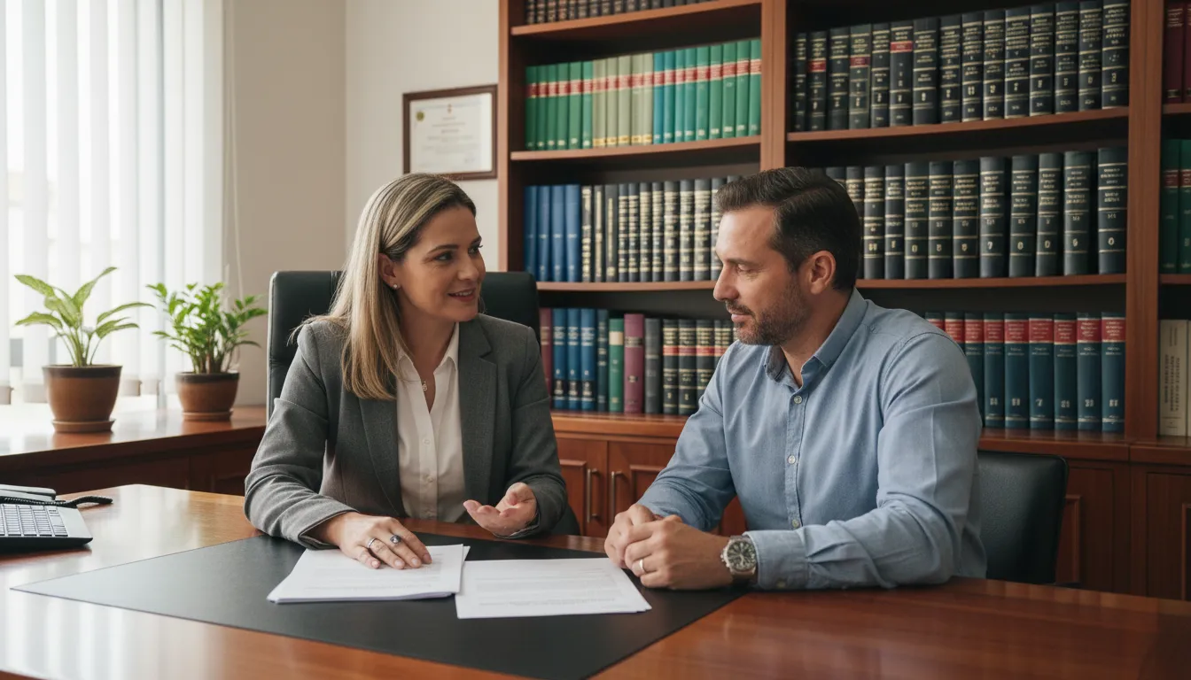 Advogada atenciosa analisando documentos de assédio moral ao lado de cliente em escritório profissional.