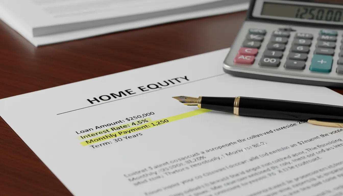 Detalhe de um contrato financeiro destacando os termos do home equity, mostrando a clareza e segurança oferecidas pela Financia Tudo.