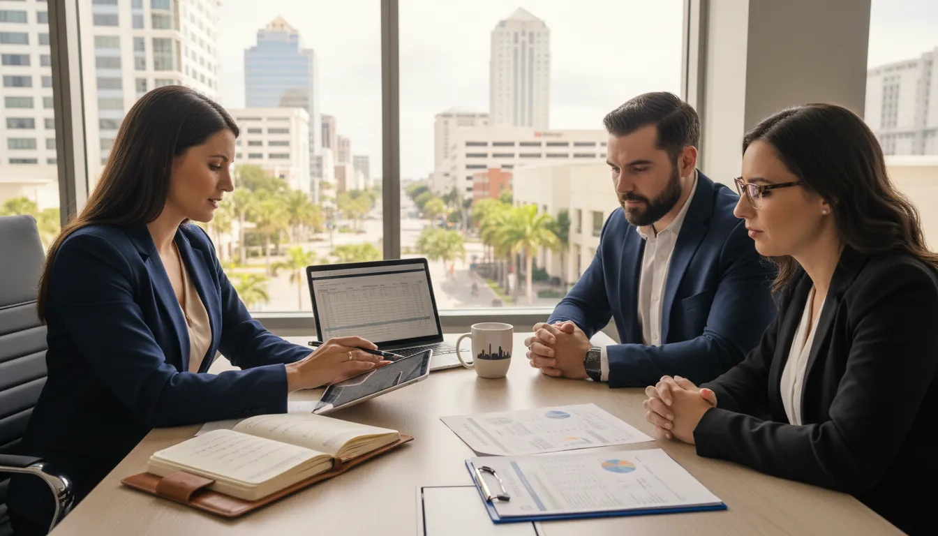 Consultor explicando planejamento tributário para empresários em escritório com vista para a cidade de Orlando