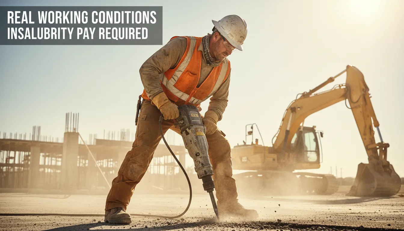 Trabalhador da construção civil exposto ao sol, demonstrando condições insalubres e necessidade de proteção.