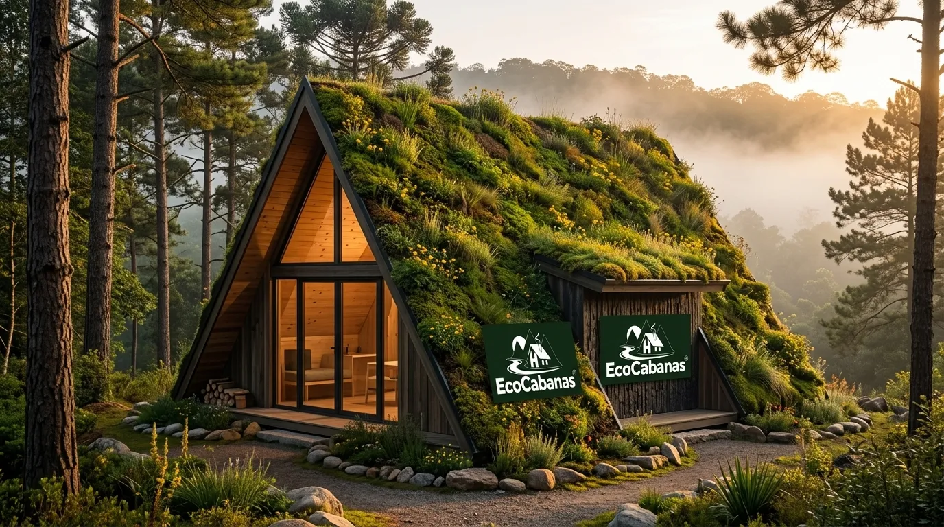Chalé estilo a-frame exibindo belo telhado verde ao entardecer.