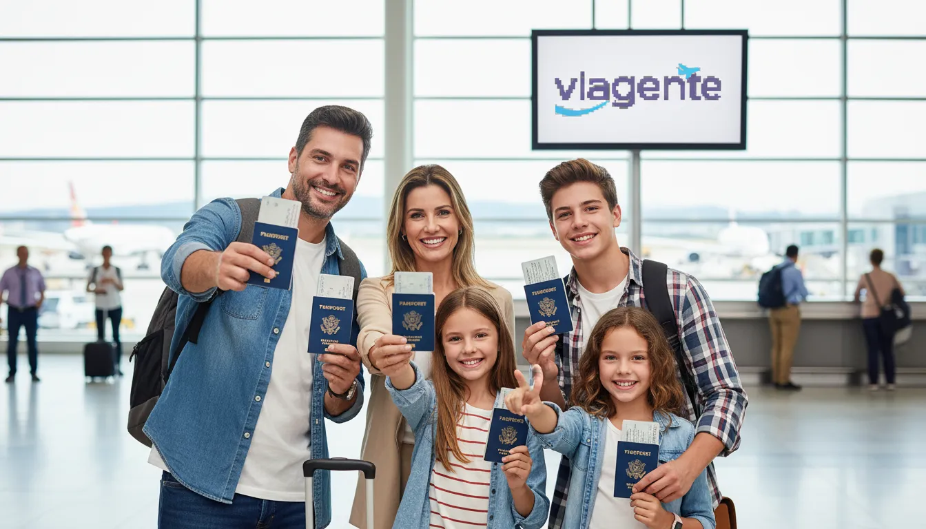Família feliz segurando seus novos passaportes no aeroporto, prontos para uma viagem emocionante.