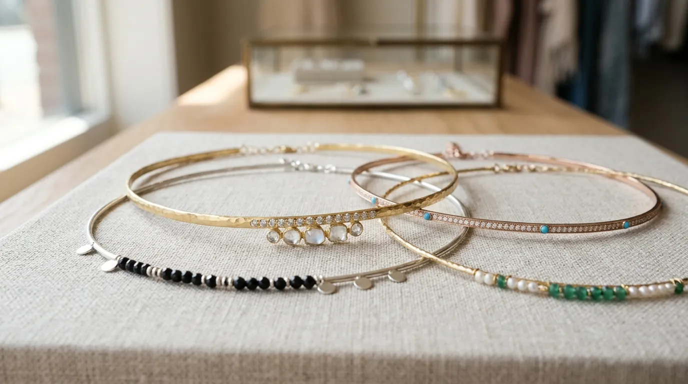 Exposicao de chokers delicados com pedrarias