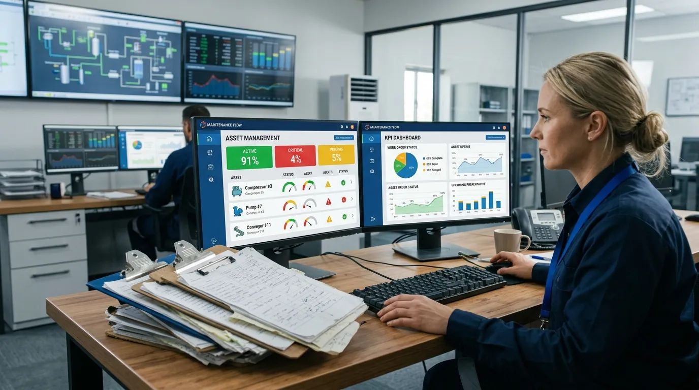 Painel de sistema de gerenciamento de manutenção digital substituindo antigas planilhas manuais.