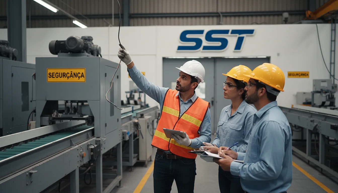 Inspeção de segurança do trabalho em uma fábrica, com o engenheiro apontando riscos potenciais e discutindo soluções.