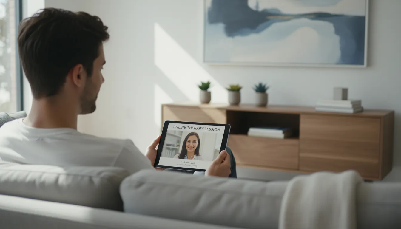 Jovem realizando terapia online em casa, demonstrando tranquilidade e foco