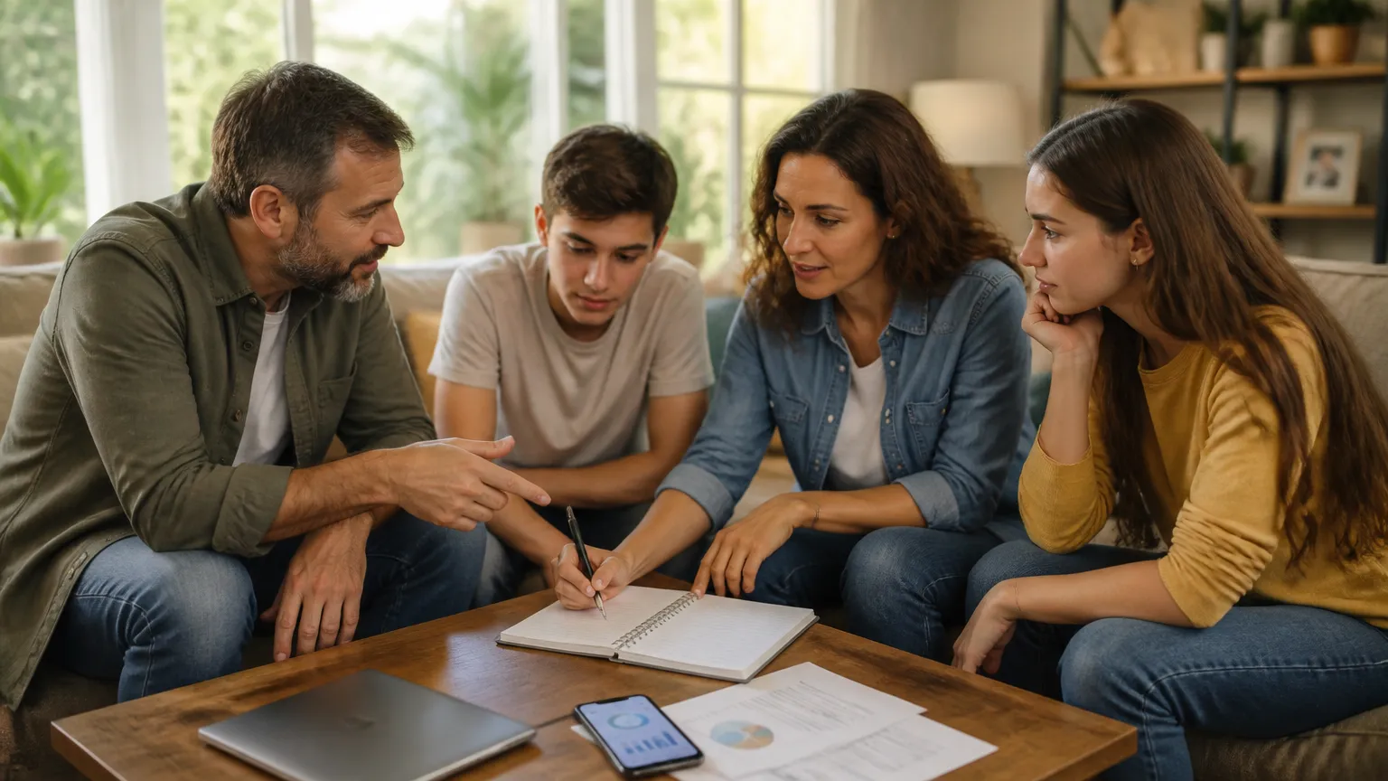 Família conversando sobre limites de crédito no cartão compartilhado com adicionais para evitar dívidas.