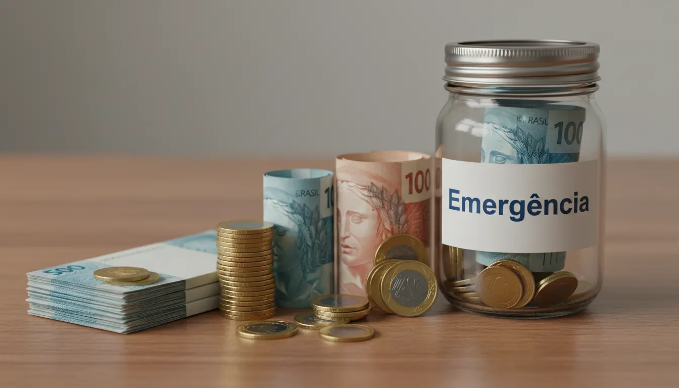 Jarro de vidro com dinheiro reservado para emergências, simboliza liquidez e proteção financeira.