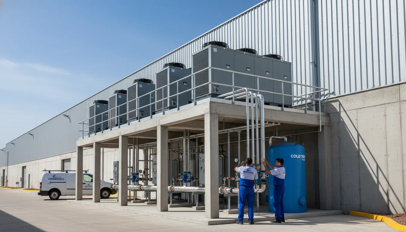 Sistema de refrigeração industrial instalado pelo Grupo Hermonex, integrando engenharia e instalacao ar-condicionado de alta performance.