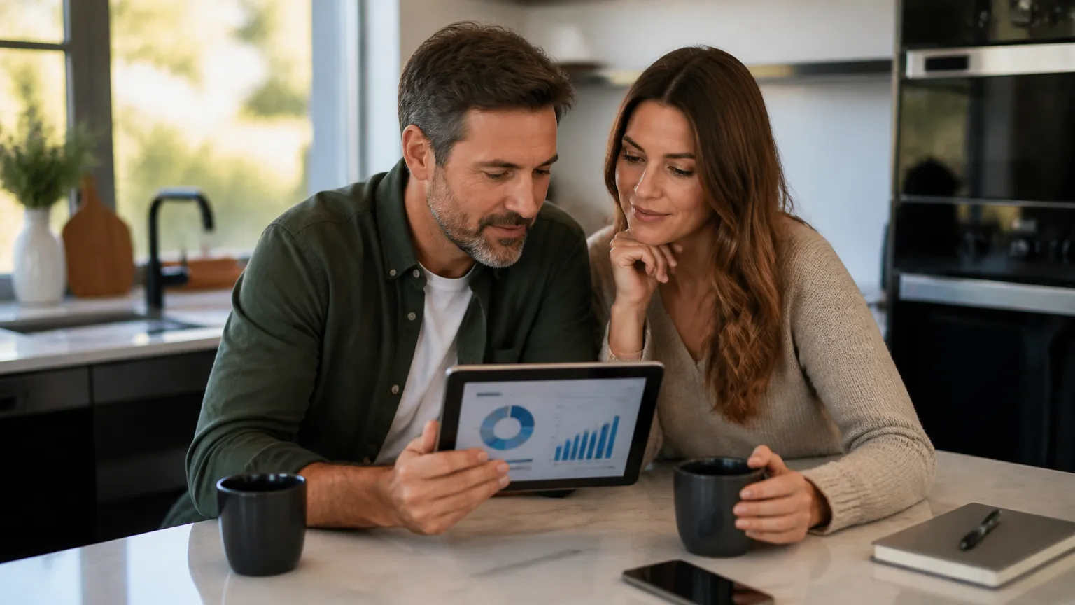 Casal planejando orçamento familiar e comprometimento de renda no home equity com segurança.