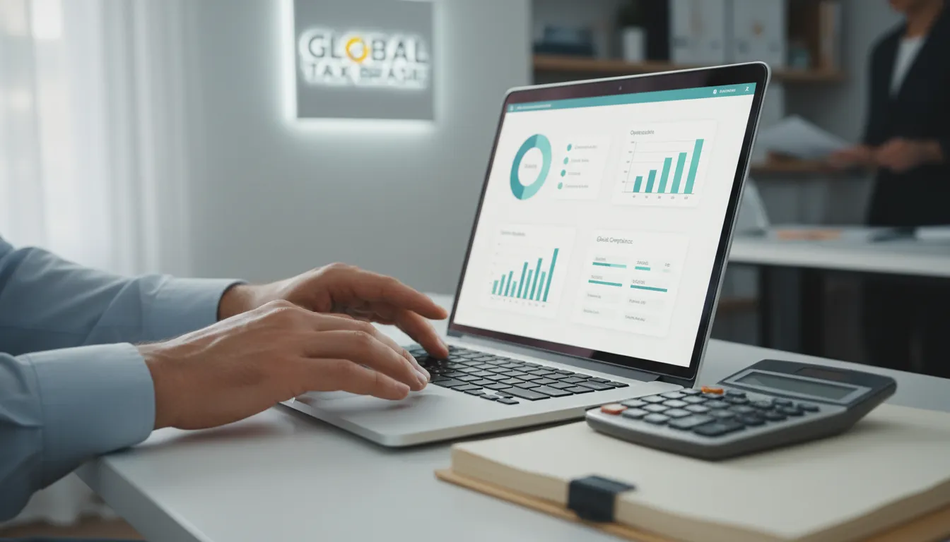 Mãos colaboram no laptop, otimizando carga tributária e regularizando saída fiscal retroativa de forma eficiente.