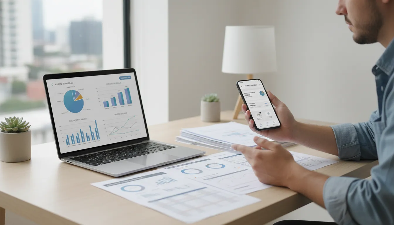 Jovem usa aplicativo de finanças no celular, analisando orçamento com tecnologia e praticidade.