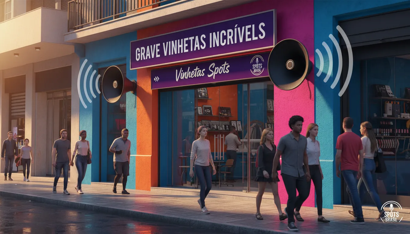 Loja com alto-falantes transmitindo mensagem promocional e banner chamativo, ideal para gravar vinheta impactante com Spots Brasil.