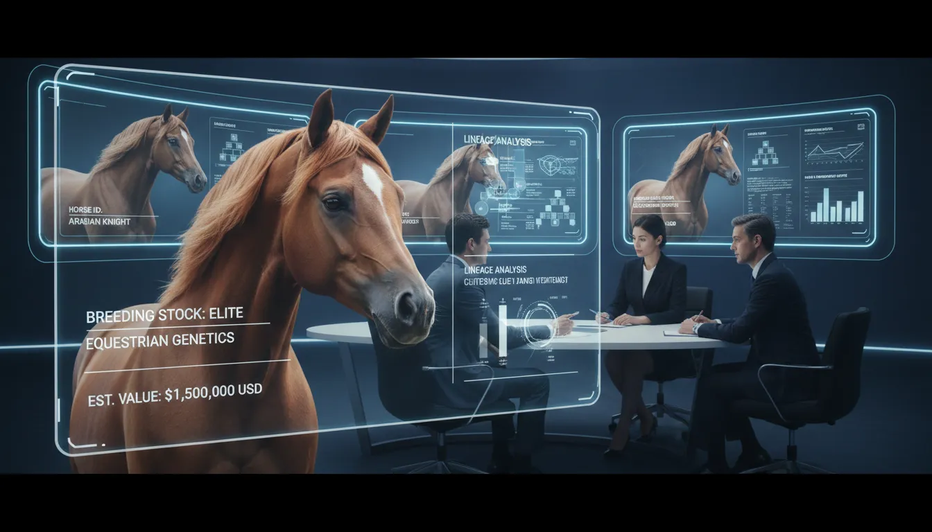 Cavalos de elite apresentados em ambiente digital, compradores avaliando informações pelo computador