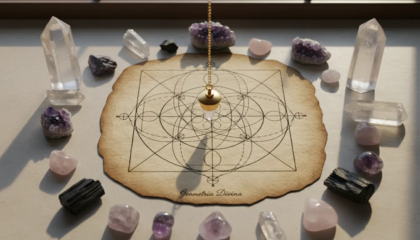 Símbolo de geometria sagrada rodeado por cristais e pêndulo, enfatizando energia e espiritualidade.