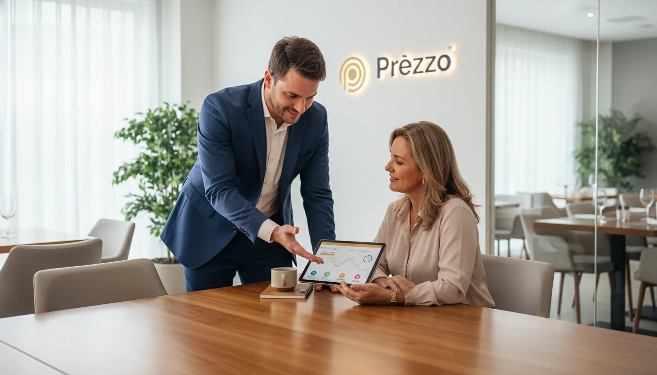 Especialista da Prezzo Contabilidade explicando regimes tributários, oferecendo clareza para a contabilidade de restaurantes.