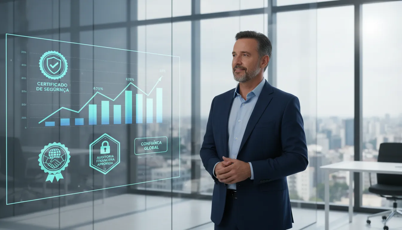 Homem confiante olhando gráficos ilustrando proteção e garantia financeira