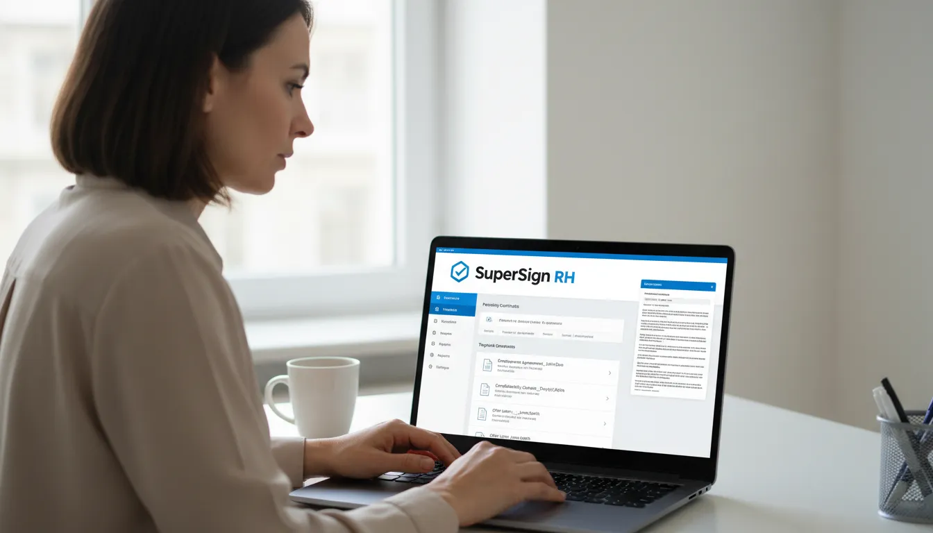 Profissional de RH usa a SuperSign para gerenciar contrato social modelo gratuito digitalmente.