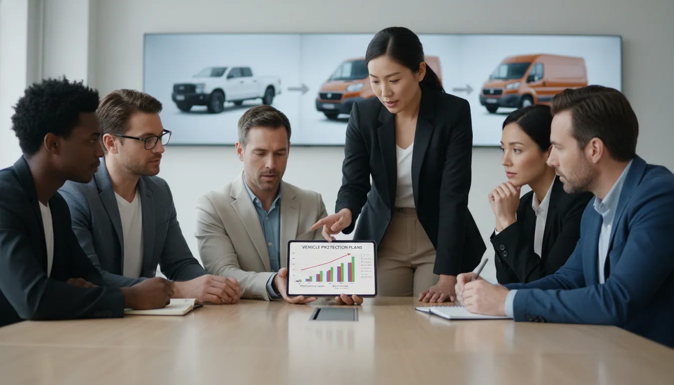 Grupo de empreendedores discute proteção veicular utilitário em tablet, focando em soluções financeiras inteligentes.