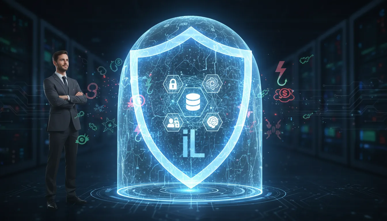 Escudo digital protegendo dados contra ameaças cibernéticas, ilustrando a confiança na gestão do third party risk da InfoLock.