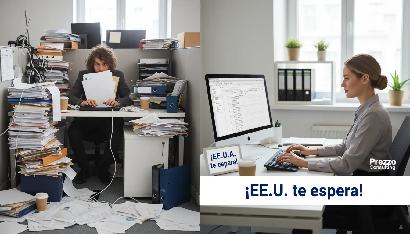 Contraste de oficinas: el caos versus la eficiencia al crear una empresa en EE.UU desde Colombia. Prezzo Consulting te organiza.