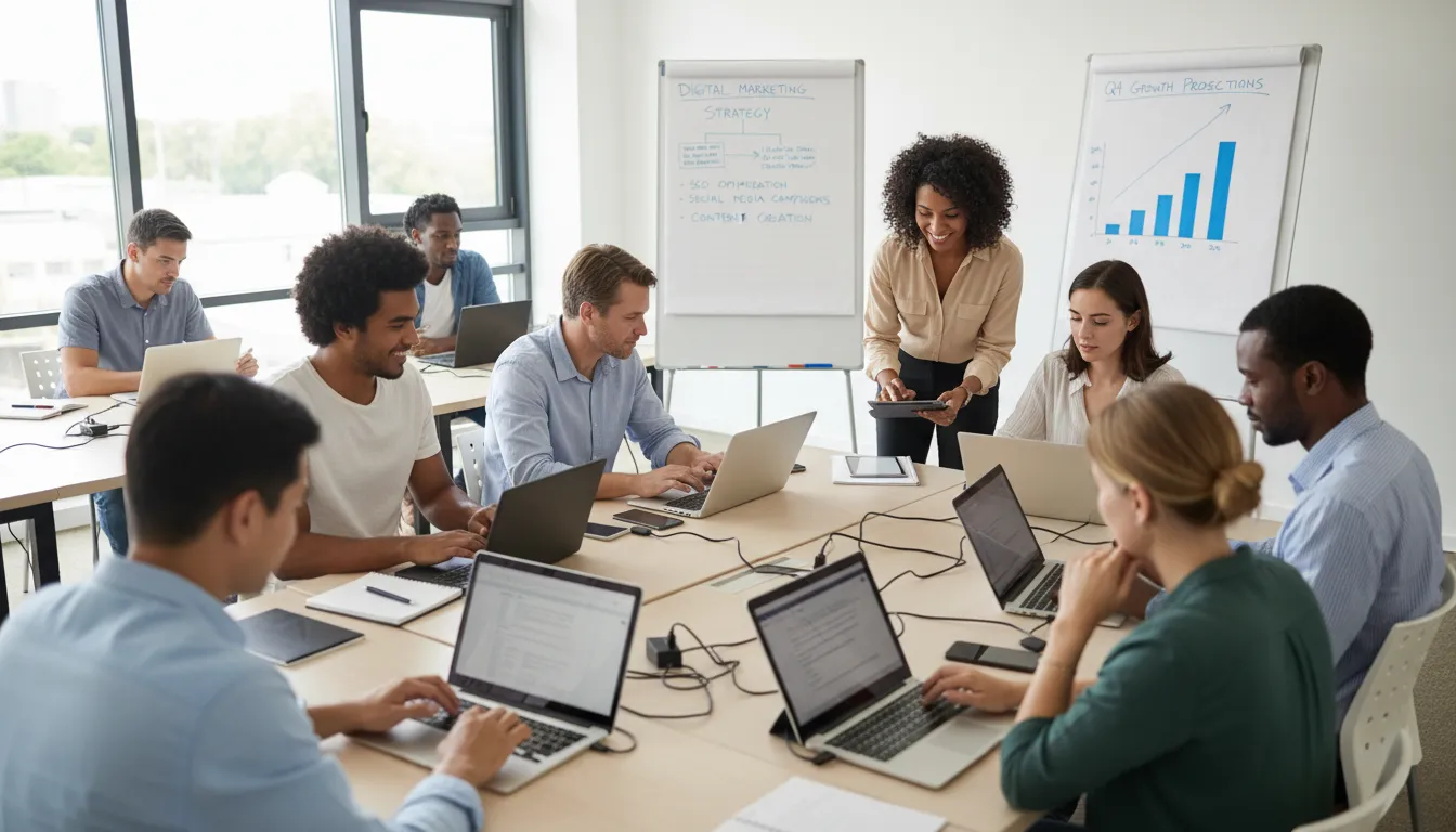 Turma recebendo capacitação em habilidades digitais para aumentar empregabilidade e renda adicional