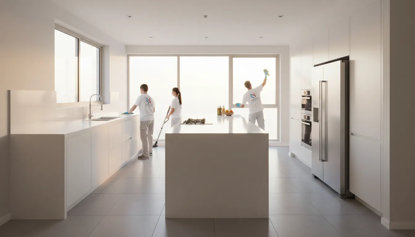 Image showcasing immaculate house cleaning services for seniors, featuring a bright and spotless modern kitchen environment.