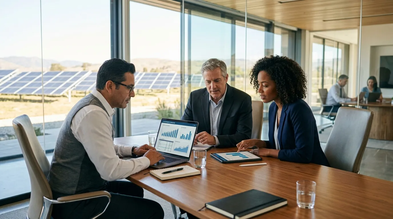 Empresarios analisando economia de energia solar por assinatura para empresas em reuniao de planejamento financeiro