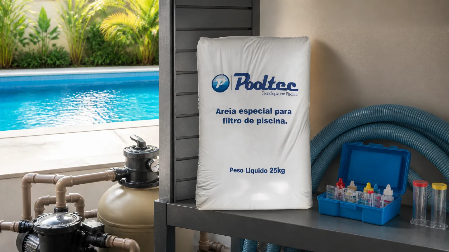 Equipamentos organizados após trocar areia do filtro da piscina garantindo água cristalina.
