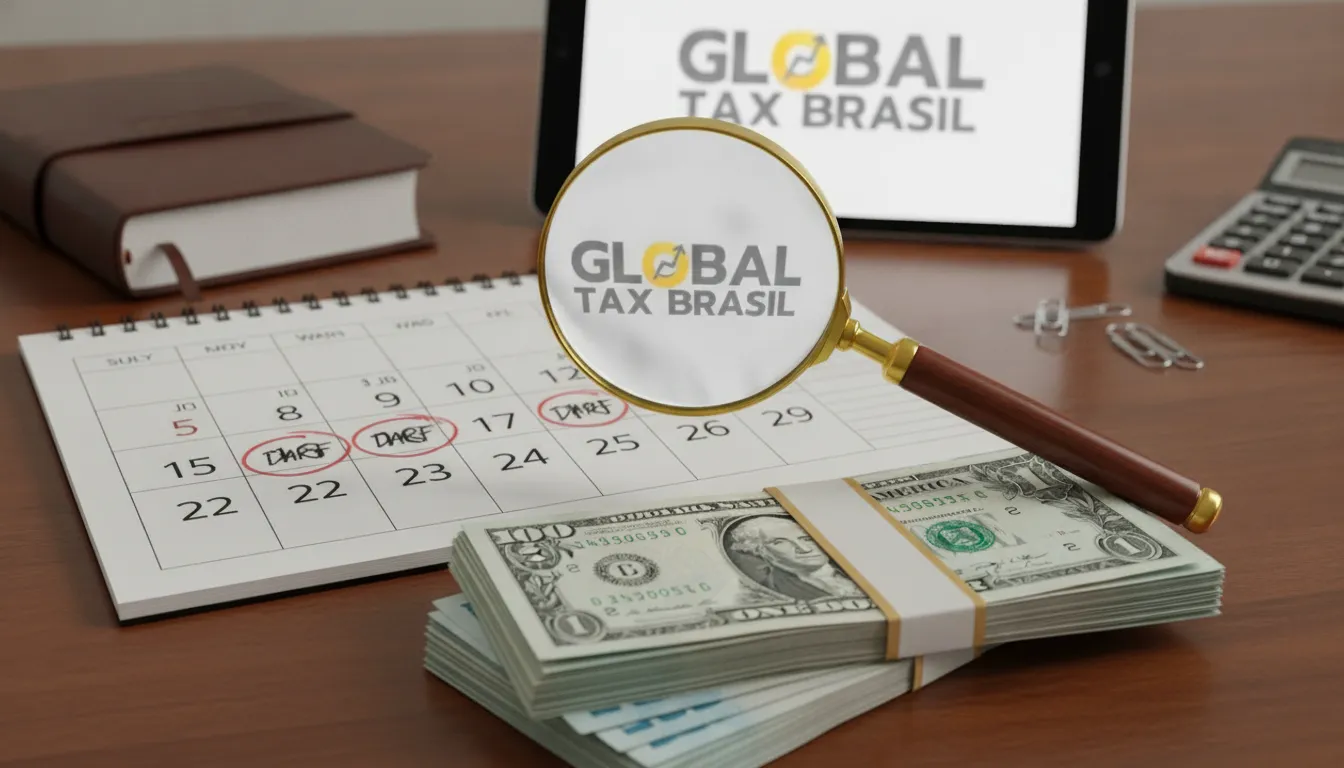 Calendário com DARFs mensais, reais e dólares, ilustrando pagamento parcelado e imposto de renda.