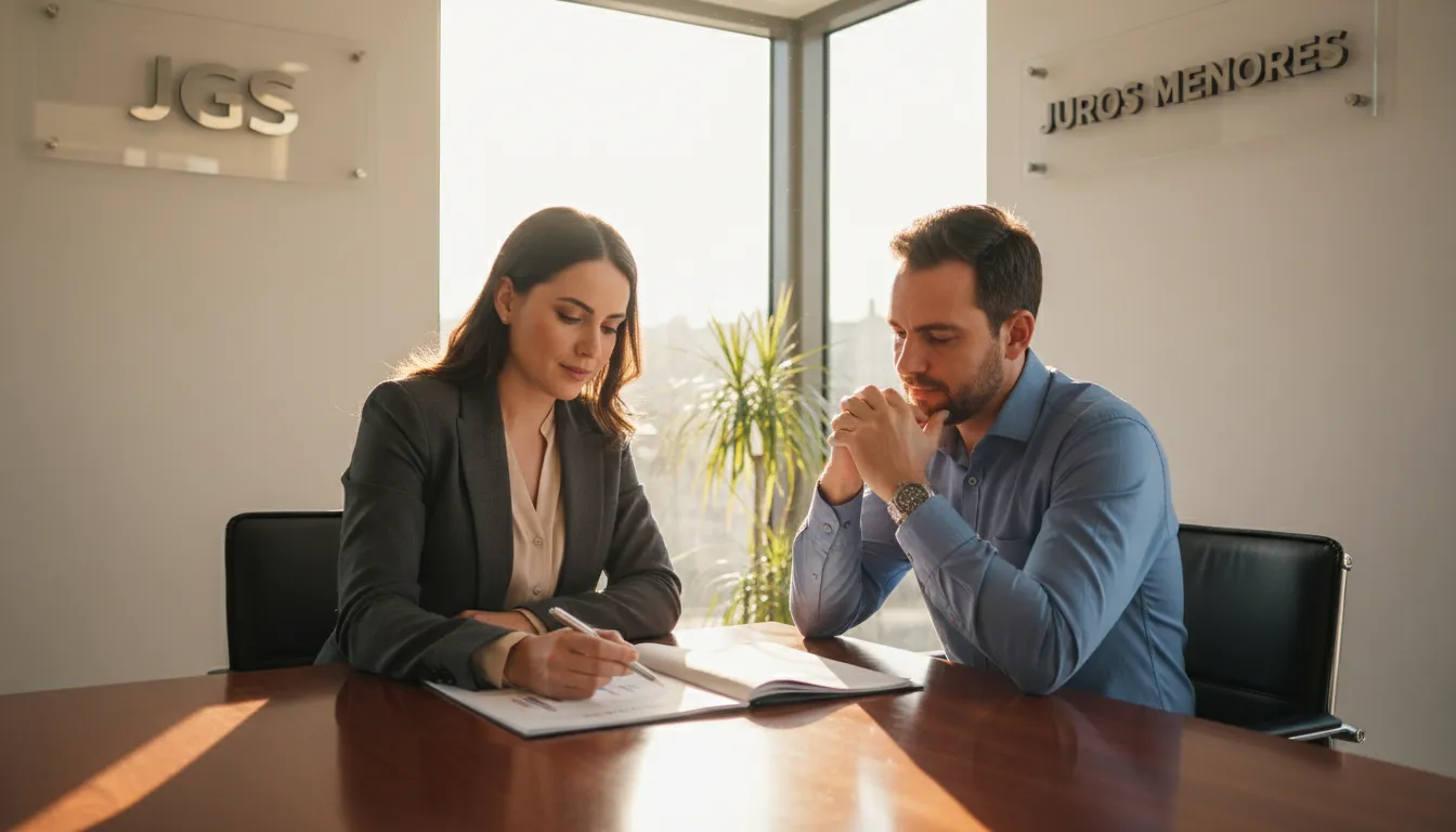 Consultora financeira explica as opções para reduzir juros durante uma revisão de contrato bancário, promovida pela JGS Advogados, visando a saúde financeira da empresa.