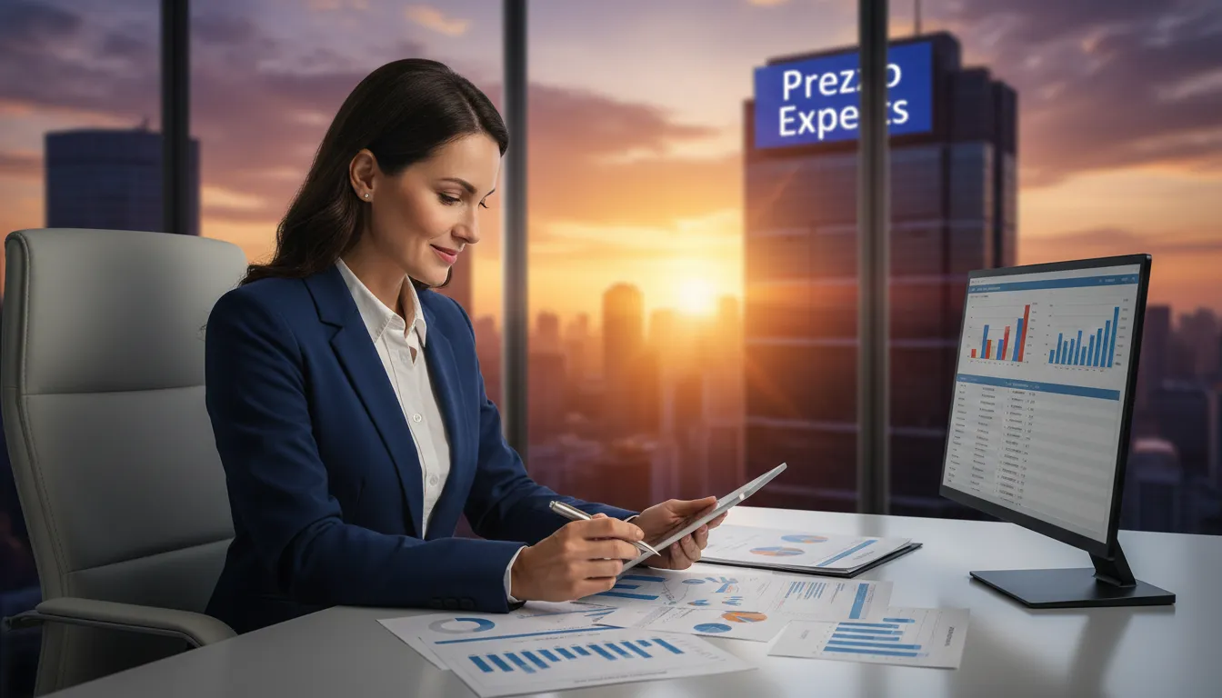 Business owner analyzing financial reports related to bookkeeping for rental properties, projecting a sense of financial control and success through accurate accounting.