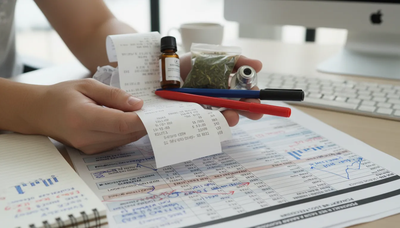 Mãos analisando custos com amostras de produtos, recibos e planilha detalhada de precificação.