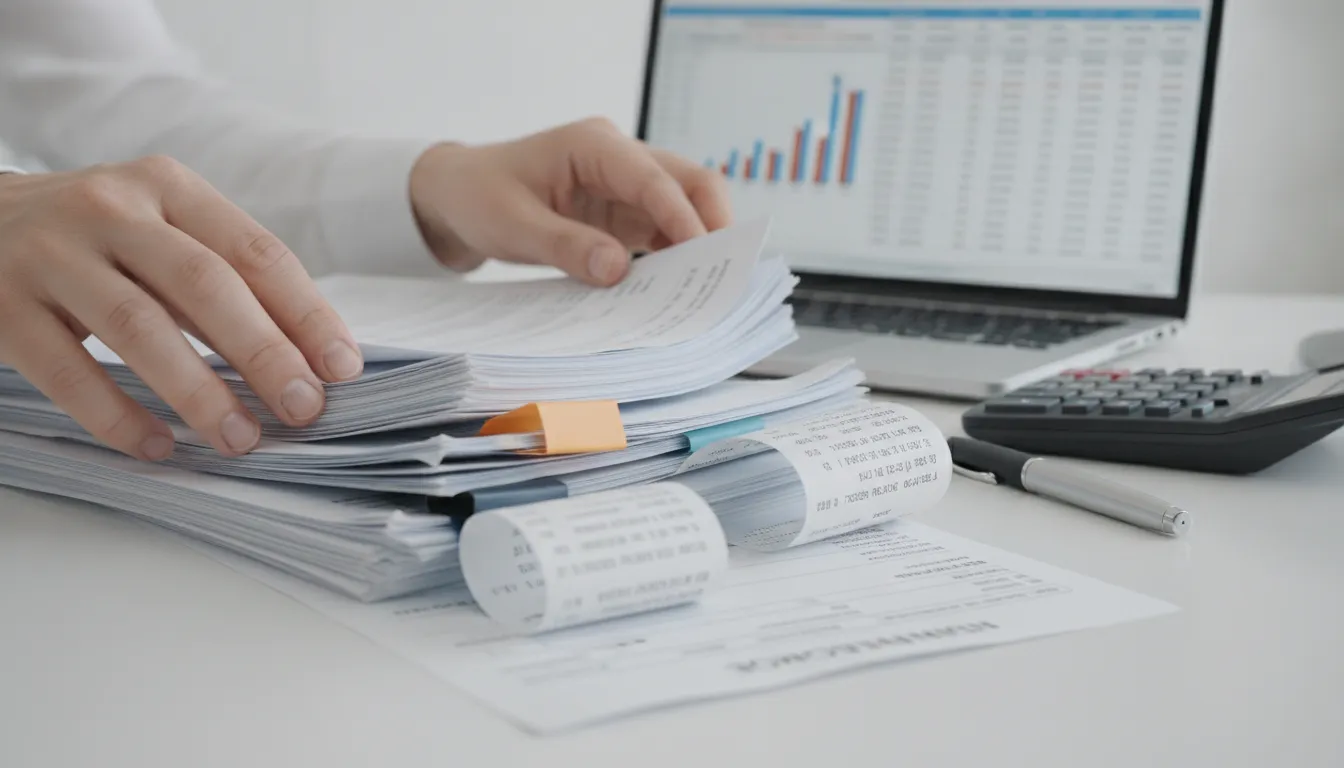 Mãos organizando documentos financeiros em uma mesa, essencial para um bookkeeping de franquias preciso e organizado.