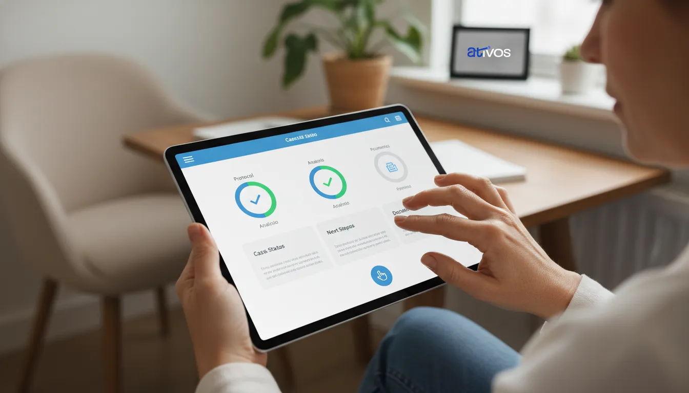 Mãos segurando smartphone exibindo consulta de PGE precatórios, mostrando acompanhamento digital.