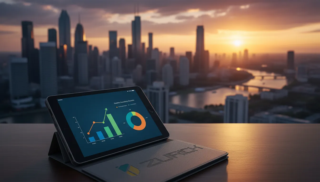 Vista panorâmica da cidade ao pôr do sol, com um tablet mostrando gráficos de crescimento, representando o sucesso de como abrir empresa e prosperar.