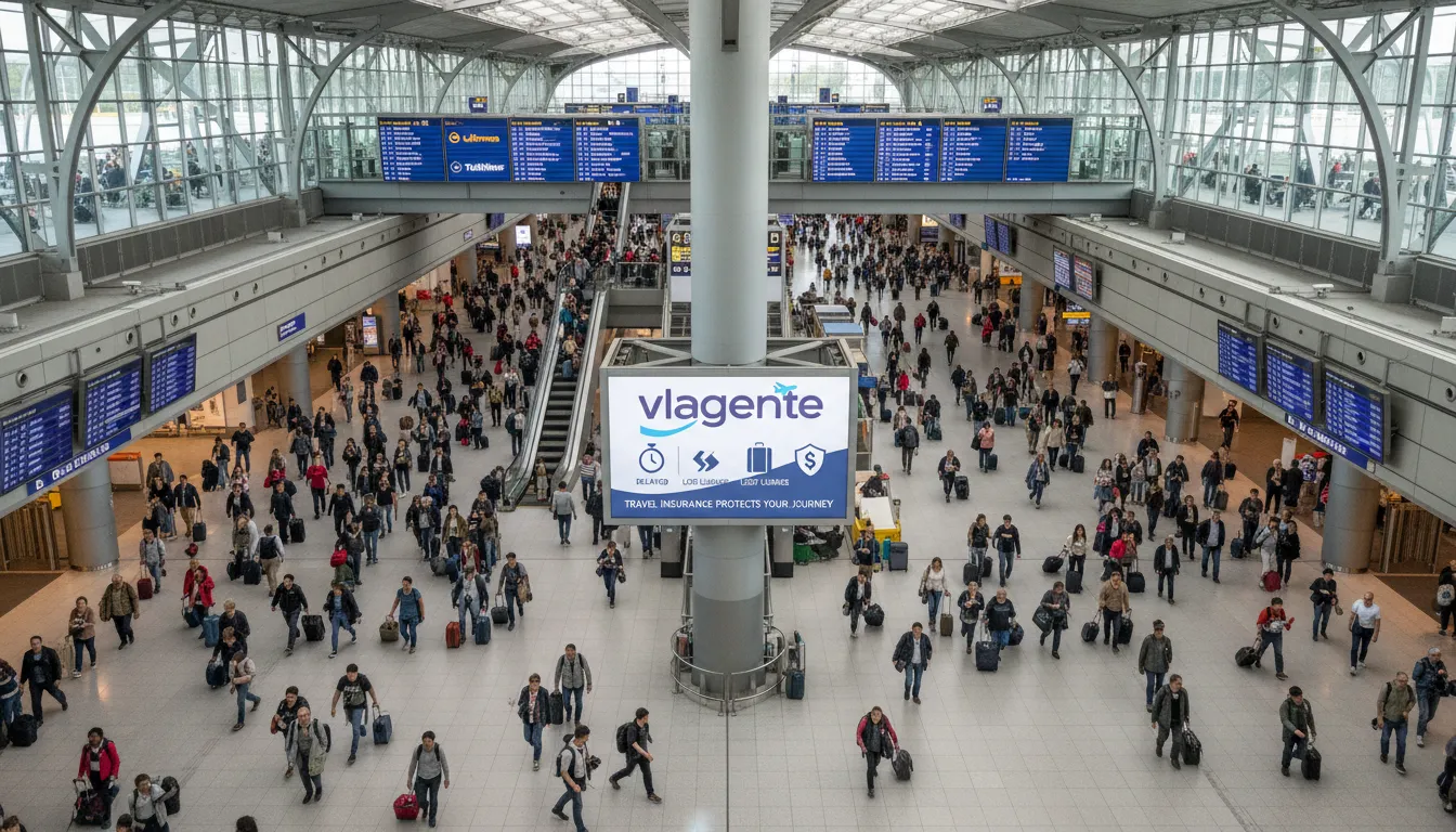 Visão aérea de um terminal de aeroporto em Frankfurt, destacando a importância do seguro viagem Europa contra imprevistos com voos e bagagens.