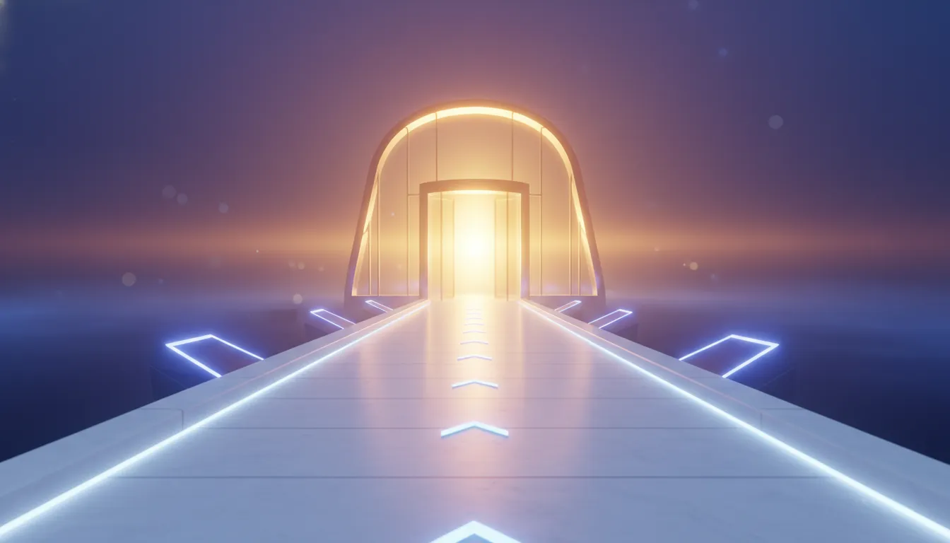 Caminho iluminado leva a porta convidativa, metáfora visual para a jornada do cliente no inbound marketing.