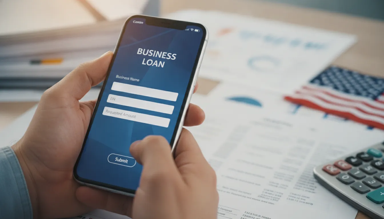 Mão preenche formulário digital para Como Conseguir Crédito Empresarial nos EUA, com documentos financeiros ao fundo.