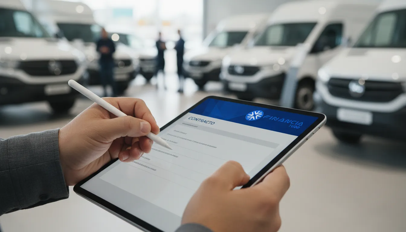 Close-up de uma pessoa assinando contrato de financiamento de veículo para trabalho em um tablet, com logo da Financia Tudo visível.