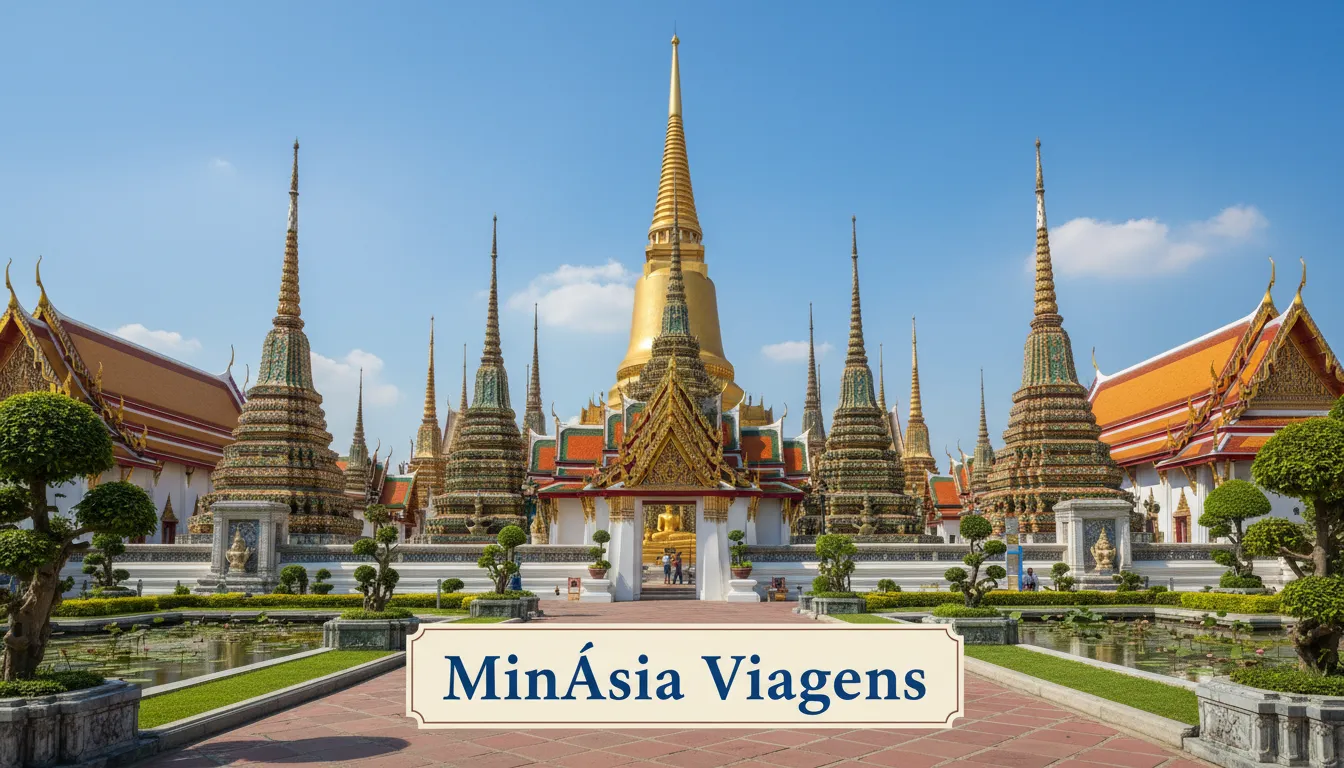 Vista externa detalhada do complexo do templo Wat Pho, com pagodas e céu azul claro e o texto 'MinÁsia Viagens'.